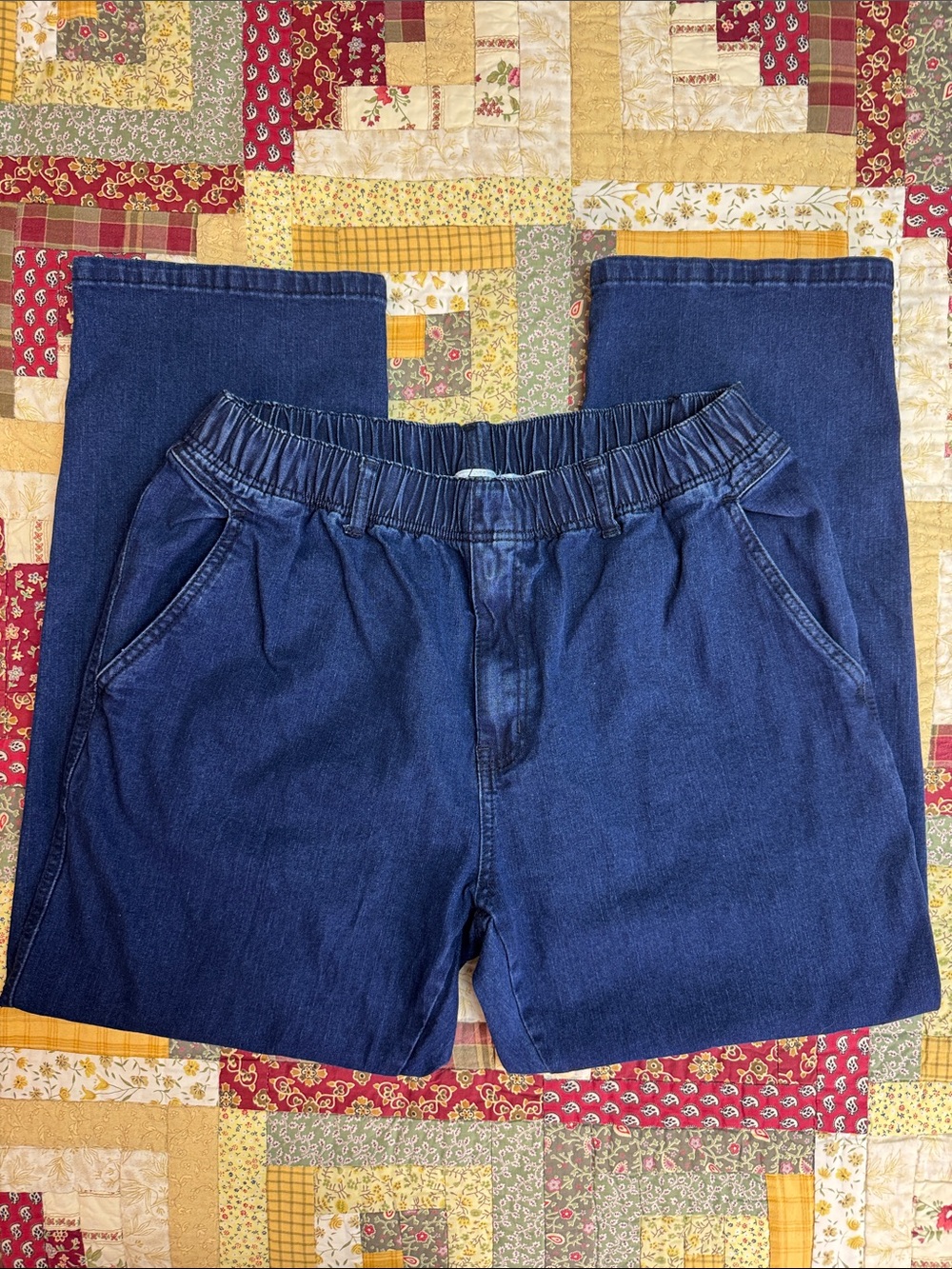 Elastic Waist Zip Fly Four Pocket Dark Blue Denim Jeans